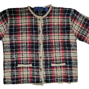 Karen Scott Petite Plaid Sweater Size PL Beige Tan Red Black Brass Shield Button - Picture 1 of 11