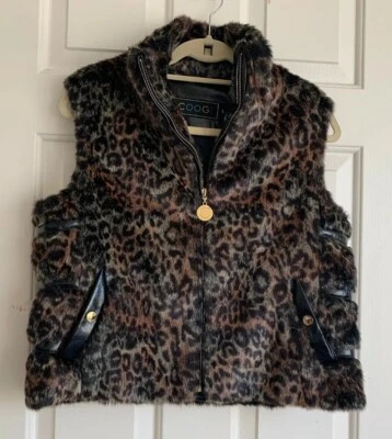 Coogi Women’s Size L zip up Sleeveless Leopard Faux Fur Leather jacket vest - Image 1 of 4