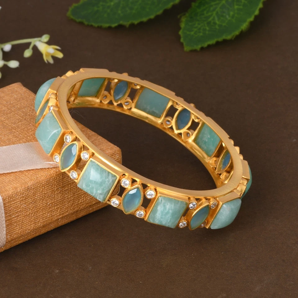 Brazaletes de mujer amazonita y calcedonia azul diseñador latón chapado en oro de 18 quilates joyería Foto 1 de 4