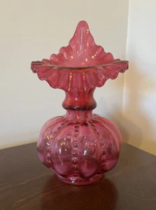 VTG Fenton Cranberry Opalescent Heart Optic Beaded Melon Jack Pulpit Vase READ - Picture 1 of 9