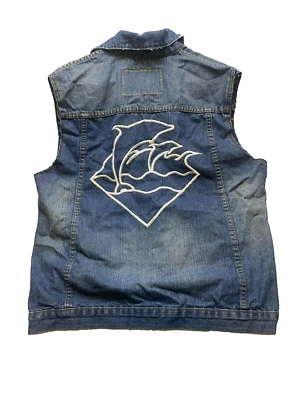 Pink Dolphin Vest Adult Large Blue Denim Button Up Patch Embroidered Kidcore Men - Image 1 of 4