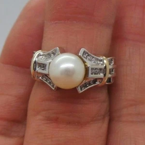 STUNNING 14K 2TONE LADIES PEARL & DIAMOND CLUSTER RING SZ 6 G108645-2 6.16grams - Picture 1 of 10