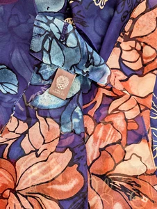 VINCE CAMUTO Scarf 100% SILK Purple Blue Coral Green Sheer Floral Size 17" x 70" - Picture 1 of 5