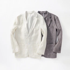 Men Linen Blazer Suit Jacket Coat Stripe Single Breasted Lightweight Formal Top - Picture 1 of 14