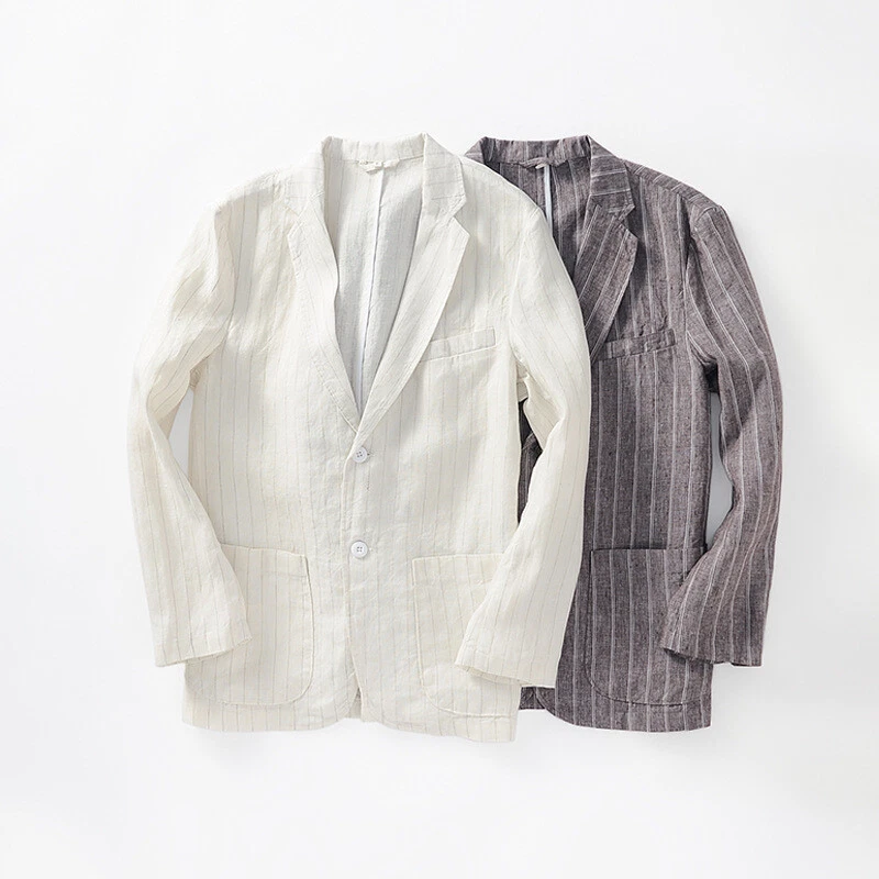 Veste De Costume En Lin Pour Homme À Rayures Simple Boutonnée Légère Formelle - Photo 1/4