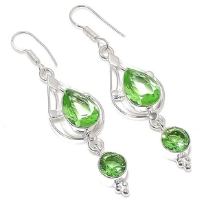 Green Tsavorite Gemstone Handmade 925 Sterling Silver Jewelry Earring Size 2.5'' - Picture 1 of 1