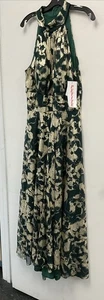 Betsy & Adam Gold Foil Print/Dark Green Halter Gown W/Front Slit - Size 14P -NWT - Picture 1 of 5