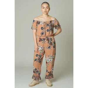 Angie Jumpsuit Damen Gr. Medium Blumen Rüschenbesatz Kurzarm Pfirsich Boho - Bild 1 von 5