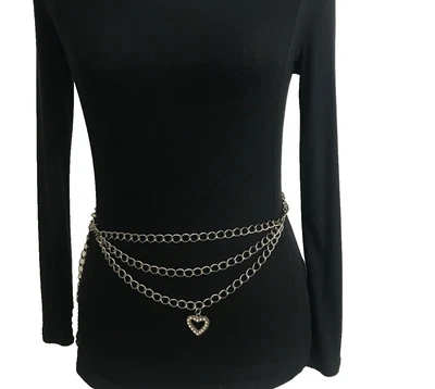 Women's Chain Belt Silver XS-S Swag Metal Heart Charm Body Belly Draped Ladies - Image 1 of 4