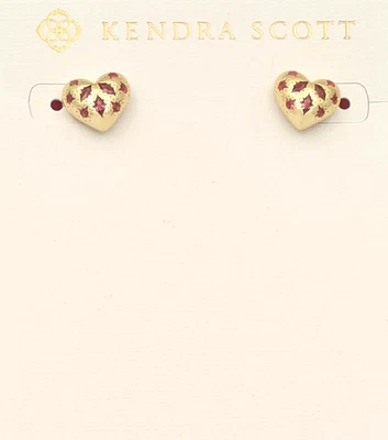 Kendra Scott Gold Plated Heart Stud Earrings with Red Crystal & Engraved Design - Image 1 of 3