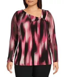 NEW Plus Size 2X Calvin Klein Abstract Scoop Neck SilverPin Sheer Sleeve Blouse - Picture 1 of 10