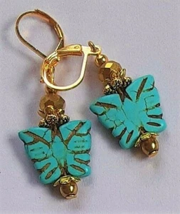 TURQUOISE butterfly Crystal & Hematite earring GL LEVERBACK artisan - Picture 1 of 5