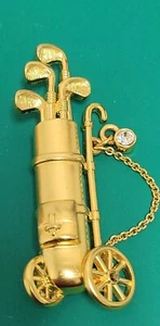 Vintage Golf Bag Gold Tone Pin Brooch Moving Wheel Rhinestone Chain Figural - Picture 1 of 8