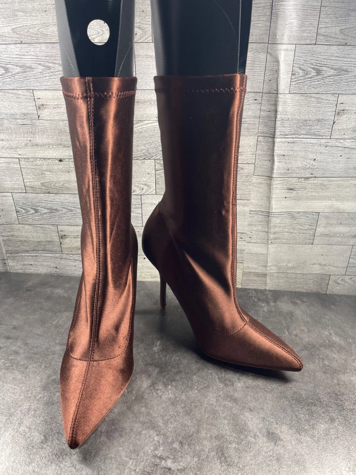 Liliana Calcetín Botas Mujer 10M Zapatos Marrón Satinado Pull On Comodidad Punta Foto 1 de 4