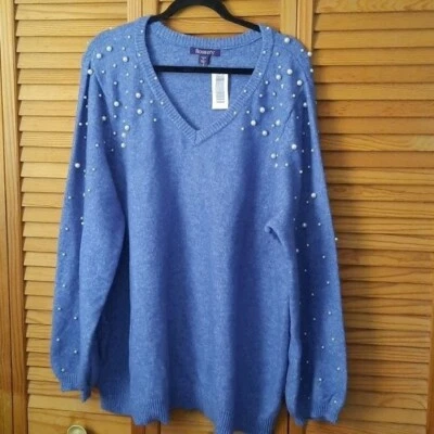 Roaman's NWT Blue Wool Blend VNeckline Pearl Sleeves Sweater Size 2X 26/28 - Image 1 of 4