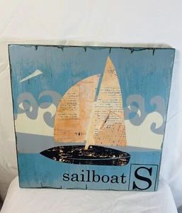Set Of 2 Pottery Barn Nursery Decor SAILBOAT/AIRPLANE Wood Hand Painted Wall Art - Picture 1 of 4