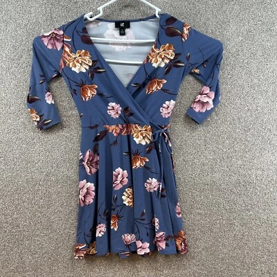 IZ Byer Juniors Women's Blue Floral Fit Flare Faux Wrap Dress Size S - Image 1 of 4