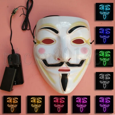 LED EL Neon Mask Halloween Anonymous Vendetta Guy Fawkes Light Up Glow Fancy - Image 1 of 4