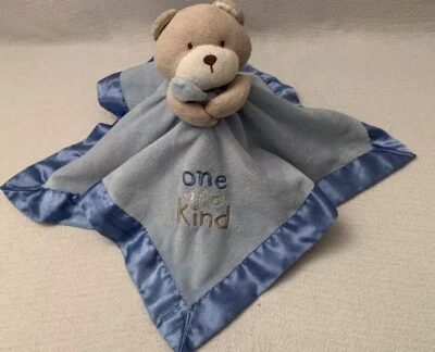 CARTERS Teddy Bear One of a Kind Lovey Security Blanket Rattle Tan Blue Satin - Image 1 of 4