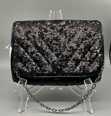 Eric Javits sequin bag NEW black clutch gun metal strap evening - Image 1 of 4