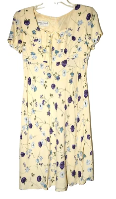 Vintage Donna Ricco Cream Purple Blue Flowers Rayon Empire Waist Dress Size PS - Image 1 of 4