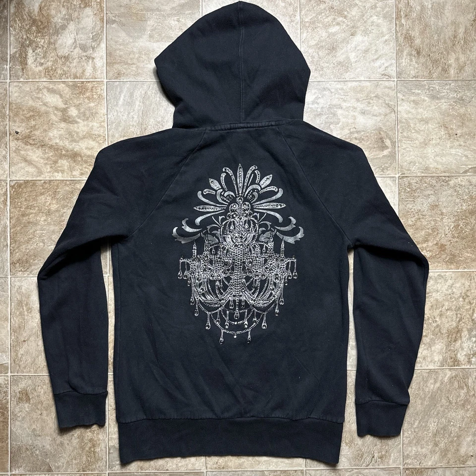 Sudadera con capucha negra deslumbrada Express vintage cuello en V pulóver adornado grunge para mujer L Foto 1 de 4