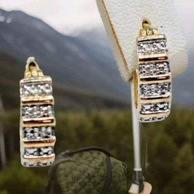 Ross Simons .925 18k Vermeil Natural Diamond Huggie Hoop Earrings  Vtg. - Image 1 of 4