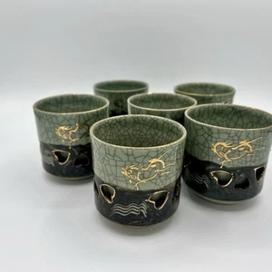 Set 6 tazze da tè vintage giapponesi Somayaki Soma Ware verde crepitante cavallo dorato - Foto 1 di 18