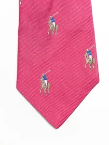 POLO Ralph Lauren Silk Tie HAND MADE USA Pink Magenta Polo Player And Horse Vtg  - Picture 1 of 15