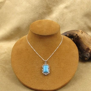 Rectangle Sterling Silver Block Turquoise Pendant Necklace 18" - Picture 1 of 6