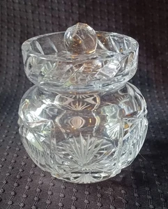 Cut Glass Jam Jelly Honey Jar & Notched Lid  Waterford? Fans Criss-Cross Design  - Picture 1 of 9