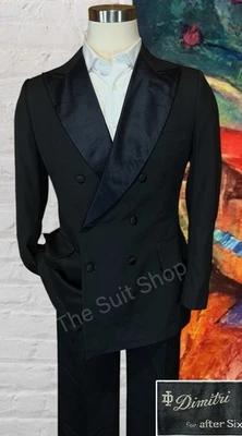 Vtg After Six Dimitri 42R 32x30 Slim Black Tuxedo Double Breasted Suit - Image 1 of 4