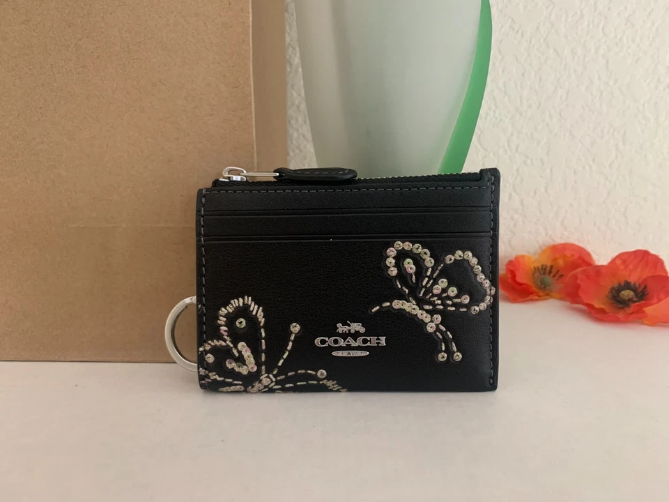 COACH CCM78 Mini Skinny Id Case Butterfly Print Leather Card Wallet Silver/Black