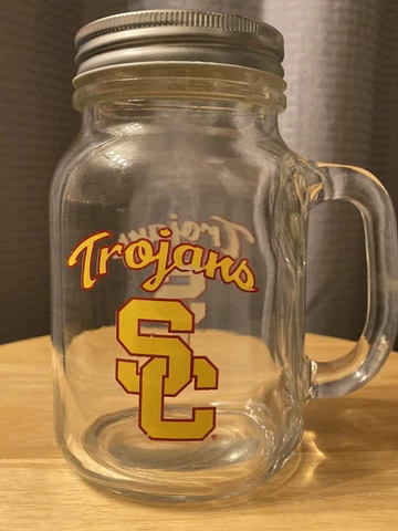 USC Trojans Glass Mason Jar Mug With Lid Ronnie Lot marcus Allen Lynn Swann Seau Cover
