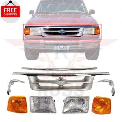 New Front Grille  & Headlight Kit & Molding Trim 8Pcs Fits 1995-1997 Ford Ranger - Image 1 of 4