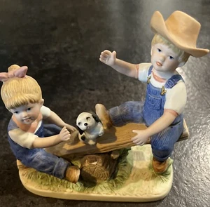 Homco Denim Days Figurine 8827 Playtime 1985 Boy Girl and Puppy on Seesaw - Picture 1 of 7