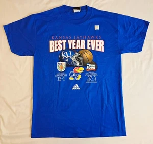 KANSAS JAYHAWKS "Best Year Ever" MEDIUM Blue Shirt ADIDAS 2008 BB & FB - NEW - Picture 1 of 5