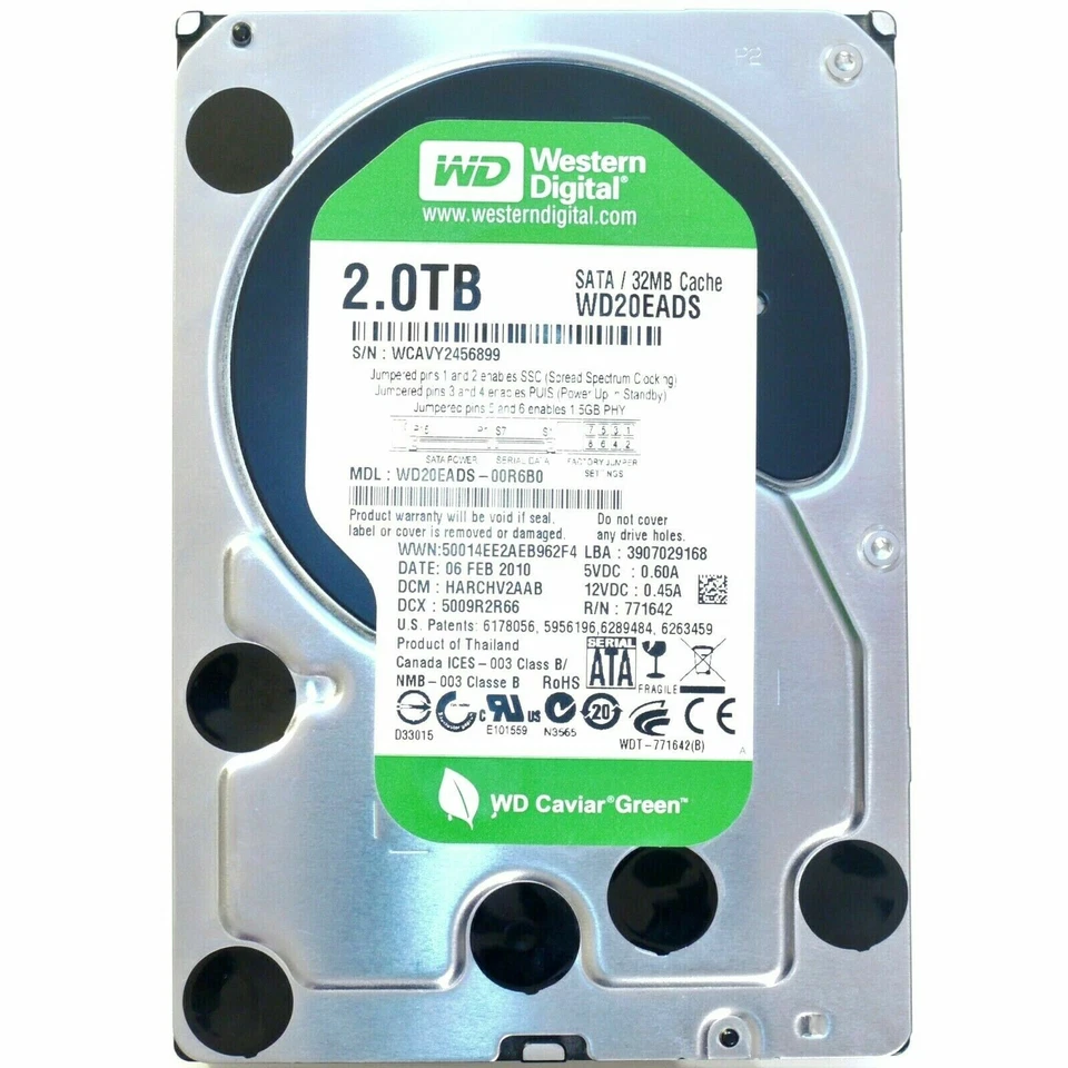 WESTERN DIGITAL WD20EADS-00R6B0 CAVIAR GREEN 2TB HARD DRIVE SATA 5400RPM 32MB - Image 1 of 1