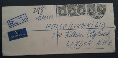 RARE 1949 Nigeria Airmail Registd Cover ties 5 stamps canc Kano to UK - Image 1 of 3