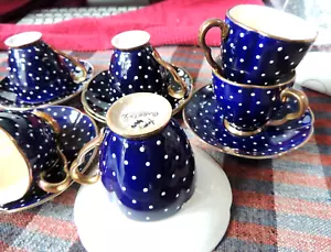 Set of 6 Vintage Carlton Ware Navy Blue, Black Polka Dot Cups & Saucers - Picture 1 of 13