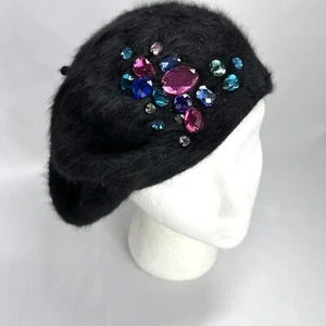 Womens Black Wool Blend Beret Hat Bejeweled Rainbow Multicolored Sz Med Lg EUC - Picture 1 of 7