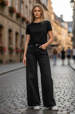 Calça jeans feminina Zara perna larga 2 preta cintura alta lavada minimalista - Imagem 1 de 4