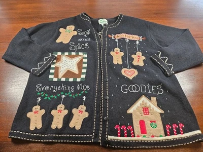 The Quacker Factory Christmas Cardigan Sweater Women's 2XL Black Sugar Spice - Image 1 of 4