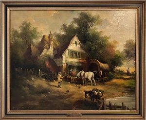 ✨ “At The Inn” by Henry T. Harvey – Vintage Oil Painting on Canvas, Framed - Picture 1 of 16