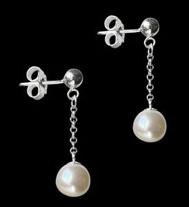Cultured Freshwater Pearl Earrings 7mm Real Pearls 925 Sterling Silver 25mm Drop - Picture 1 of 4