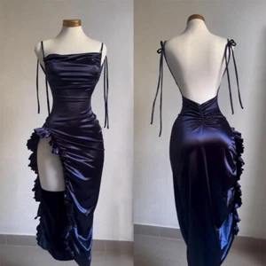 Women's Spaghetti Straps Sleeveless High Waist Split Midi Bodycon Cocktail Dress - Picture 1 of 13