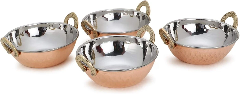 Indian Serving Bowl Vegetable Copper Stainless Steel  Karahi Indian Dishes 4Pcs - Image 1 of 4