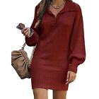 Elegant Solid Color V Neck Knit Sweater Dress Ribbed Pullover for Women