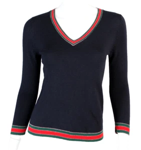 Suéter GUCCI Azul Marino Lana Tejido Tejido Rayas Manga 3/4 Cuello en V S - Imagen 1 de 7