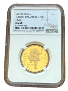 Singapur 1986 Oro 1/2 oz 50 Singold NGC MS68 Serie Lunar - Tigre - Imagen 1 de 2